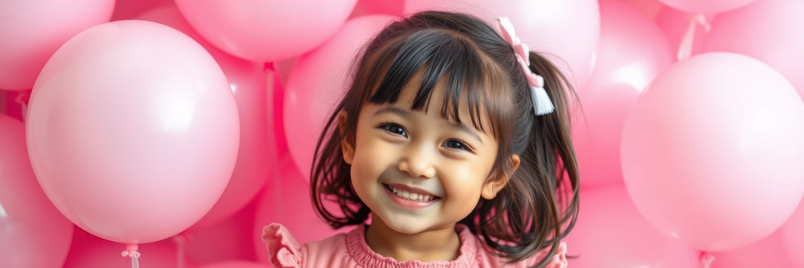 Young girl smiles happily in front of pink balloons during a joyful celebration
